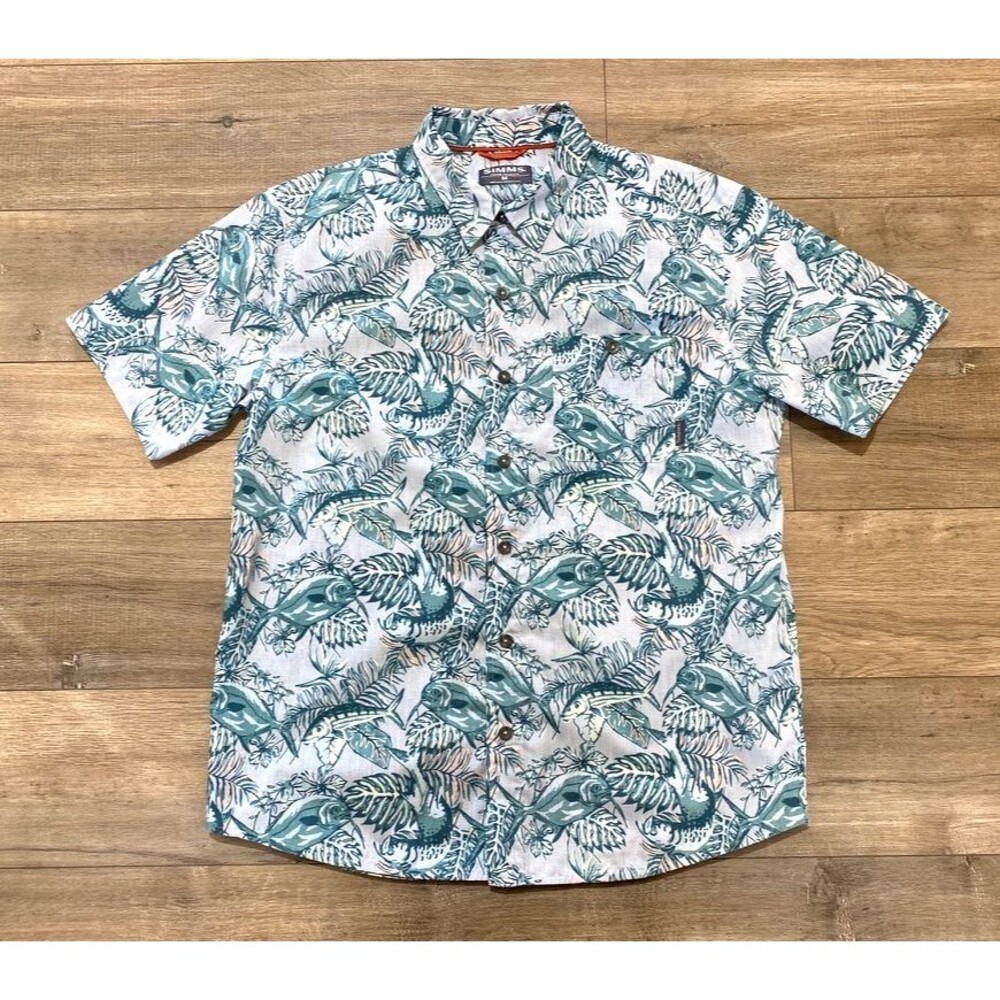 Simms Tailout Mens M Button Up Short Sleeve Fish Print Fishing Hawaiian Shirt